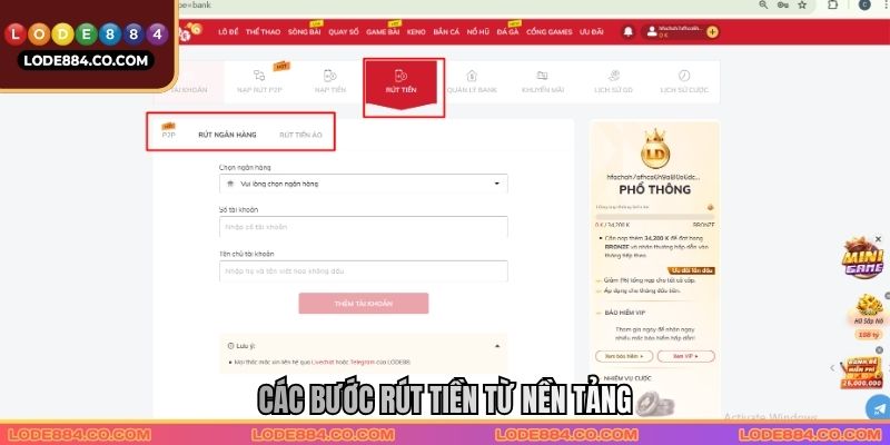Các bước rút tiền từ nền tảng